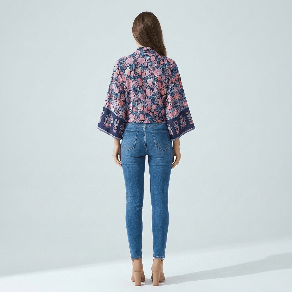 Kimono Bleu Avec Fleurs