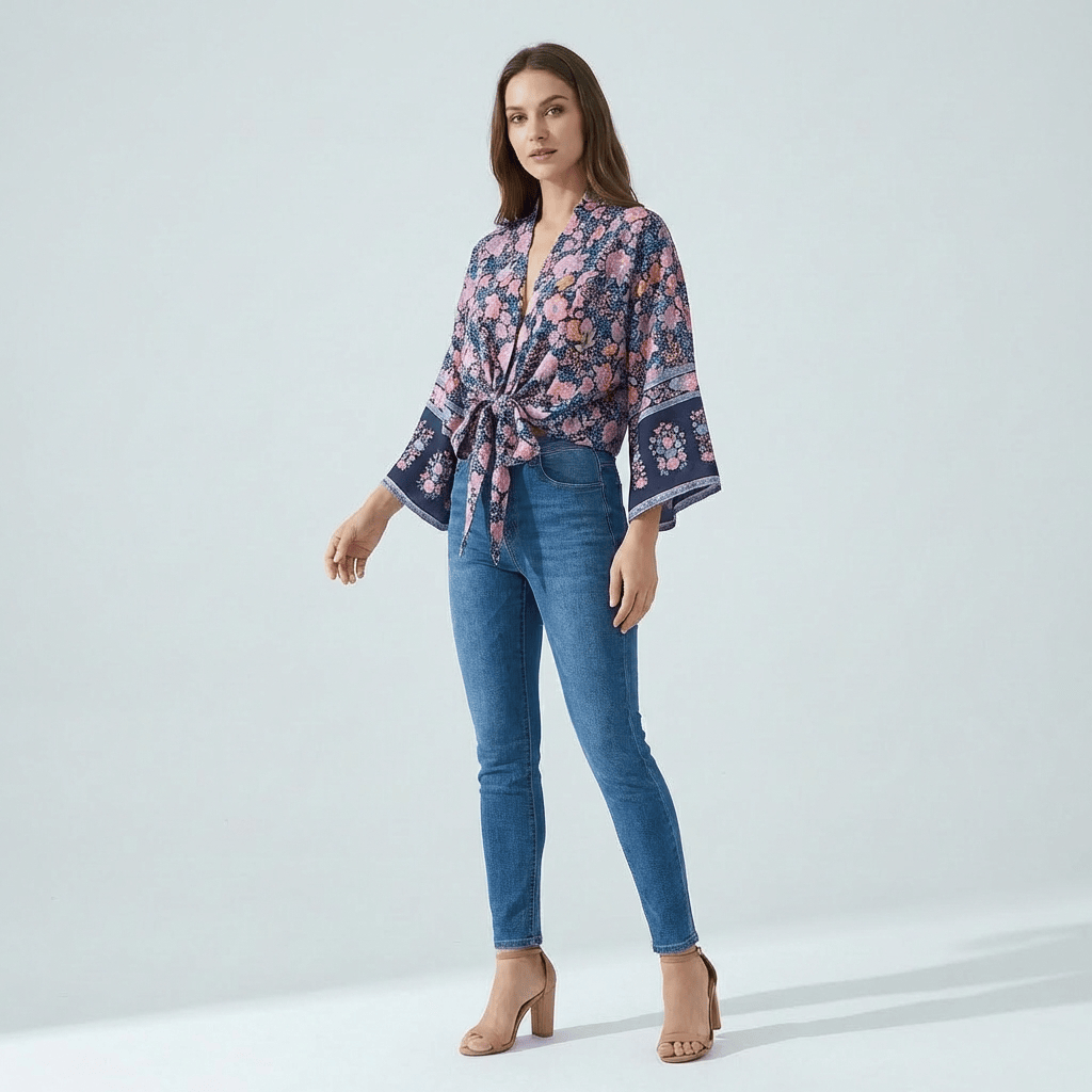 Kimono Bleu Avec Fleurs