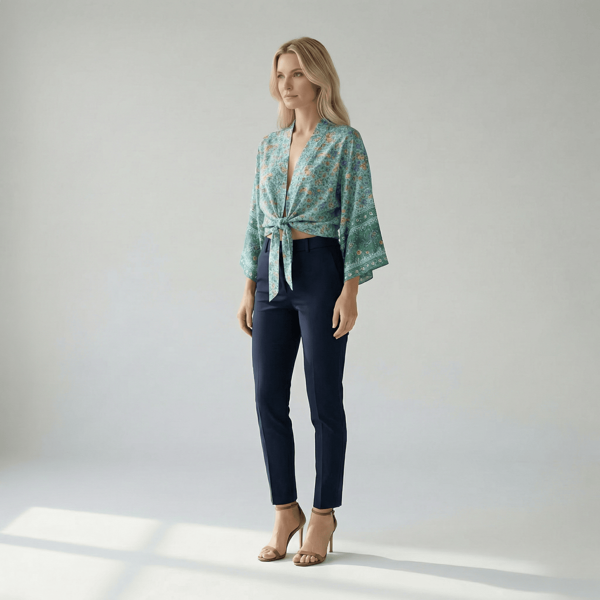 Kimono Court Bleu Fleurs