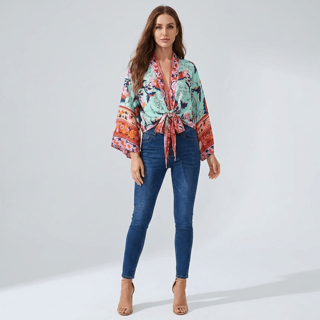 Kimono Court Imprime Exotique Femme Turquoise