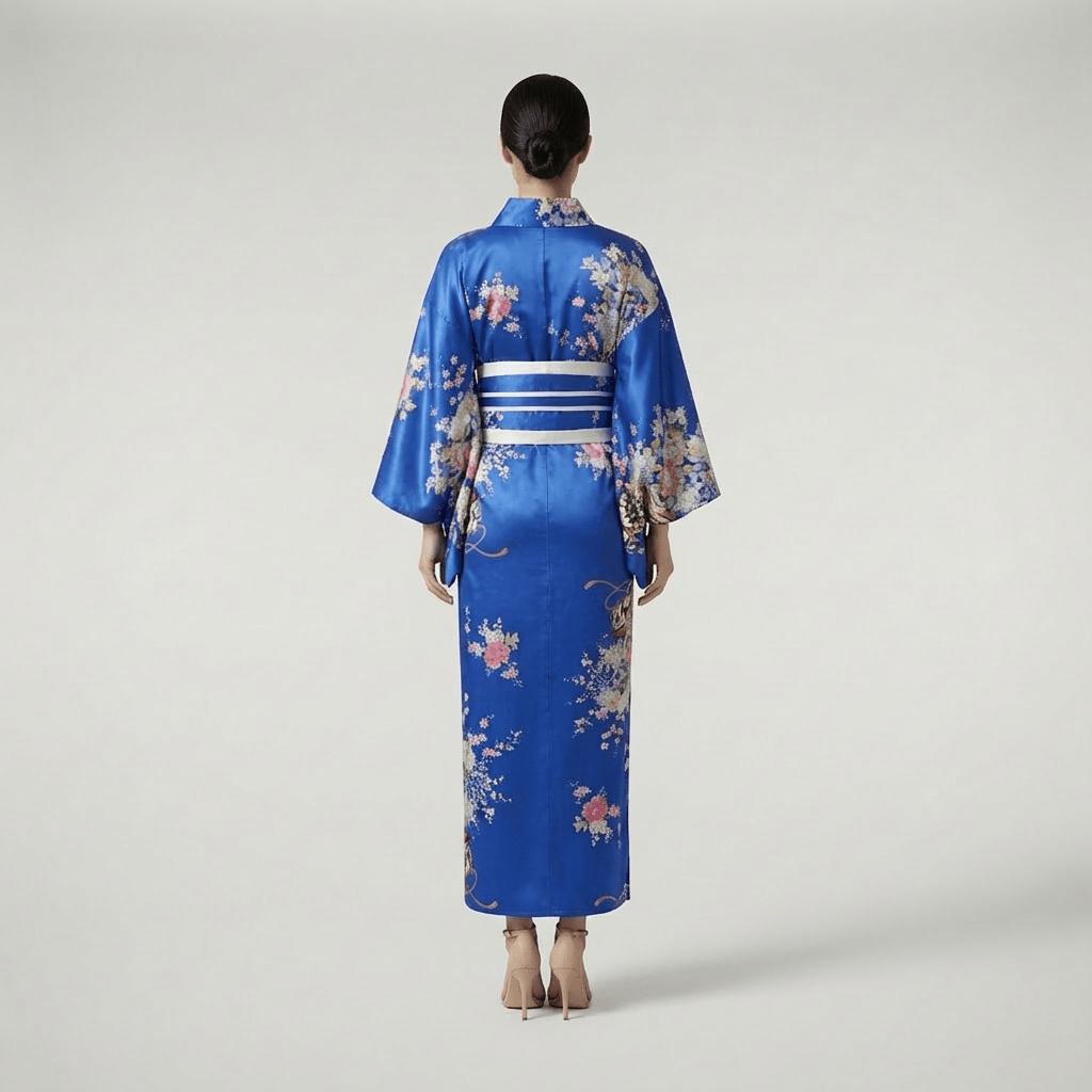 Kimono Long Bleu Fleuri