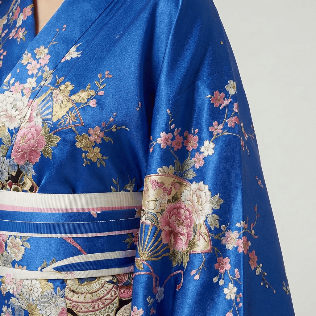 Kimono Long Bleu Fleuri